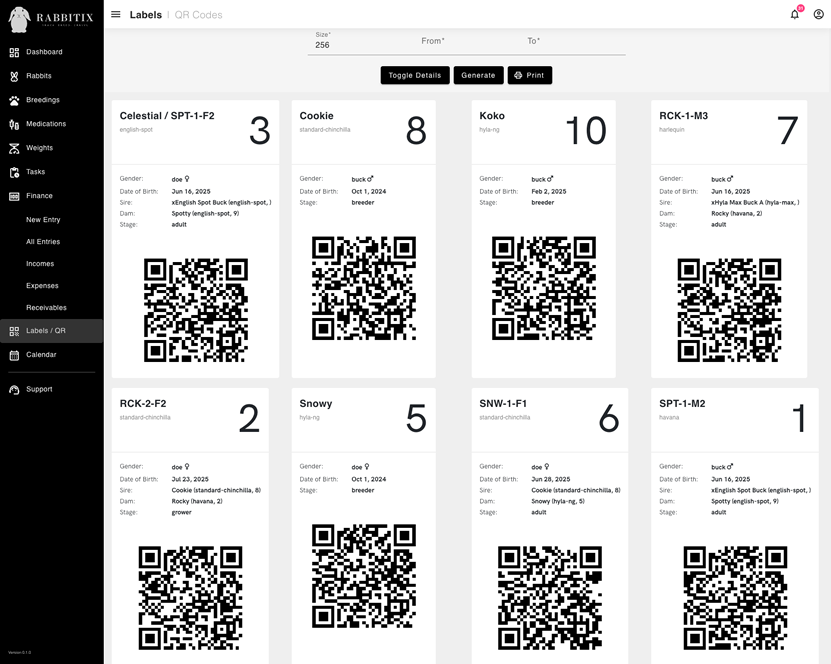 Labels and QR codes generation screenshot