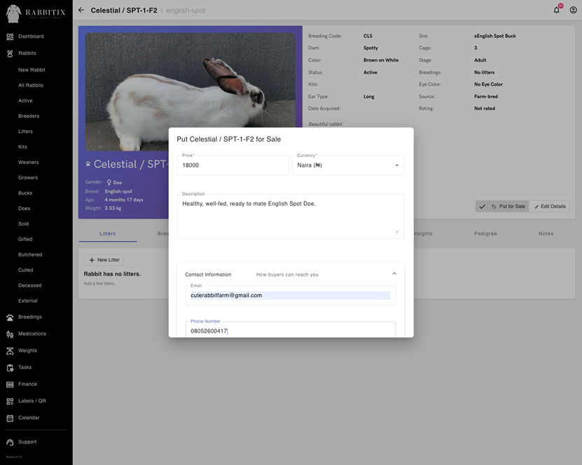 Put rabbit up for sale screenshot