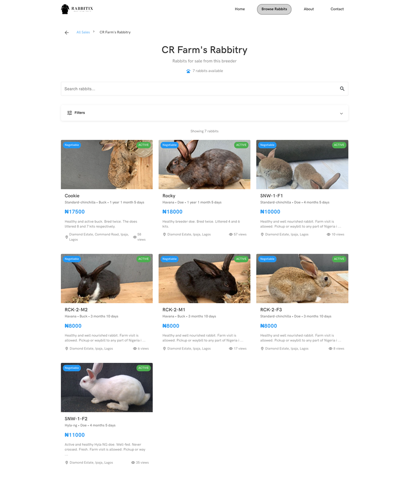 Rabbitry sale page screenshot